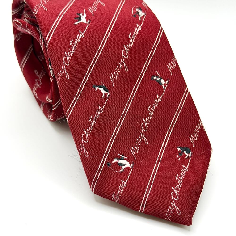 Vintage 80s Avon Red Christmas Penguin Skinny Necktie